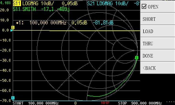 NanoVNA : guide complet pour bien démarrer (calibration, mesures, TDR) 3 Écran de calibration OSL du NanoVNA avec les étapes OPEN SHORT LOAD ISOLN THRU