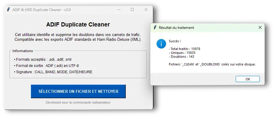 Capture d'écran montrant le logiciel avec le bouton vert et le message de succès