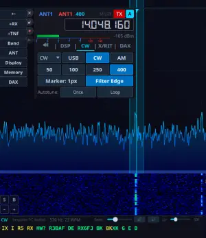 Vue du décodage CW, aetherSDR