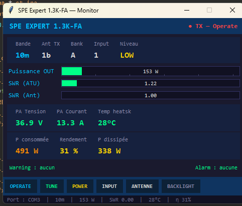 SPE Expert Python monitor : puissance 153W SWR 1.22 pendant FT8 10m