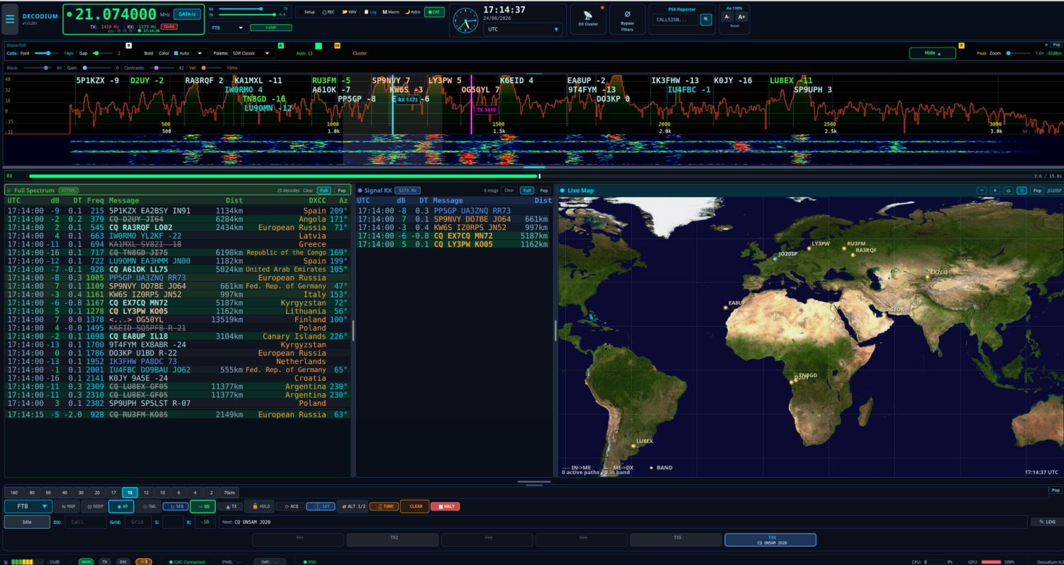 Decodium Core 4.0 Shannon 2 Interface principale de Decodium 4.0 Core Shannon avec cascade et carte en direct
