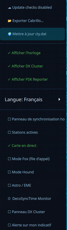 Decodium Core 4.0 Shannon 4 Menu Decodium 4 pour l'exportation Cabrillo, le mode Fox Hound et l'Astro EME