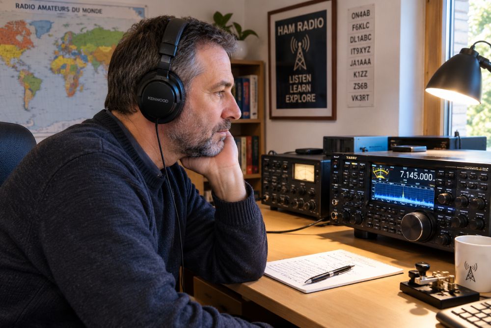 Poste radioamateur avec émetteur-récepteur et équipements reliés à un mât d'antenne extérieur