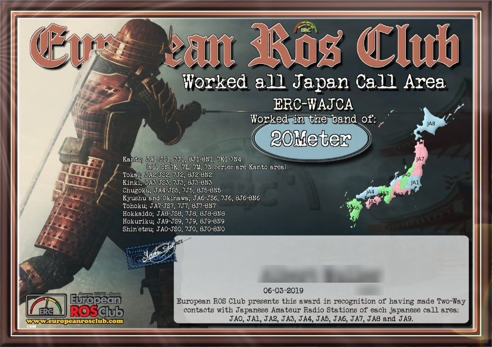 Diplôme ERC-WAJCA du European ROS Club, Worked all Japan Call Area, bande 20 m