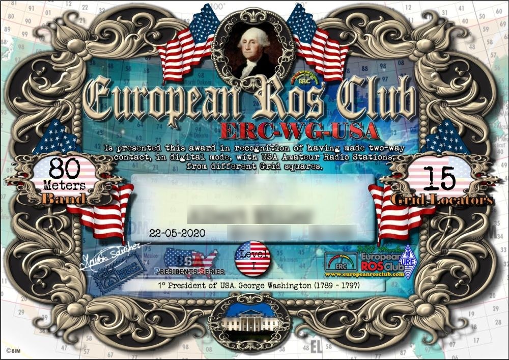 Diplôme ERC-WG-USA du European ROS Club, bande 80 m, pour des contacts en modes numériques avec des stations américaines dans 15 carrés locator différents