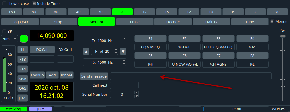 JTTY : le nouveau mode de WSJT-X 3.2 expliqué 2 Fenêtre WSJT-X en mode JTTY : macros F1 à F8, champ de saisie du message et bouton Send message