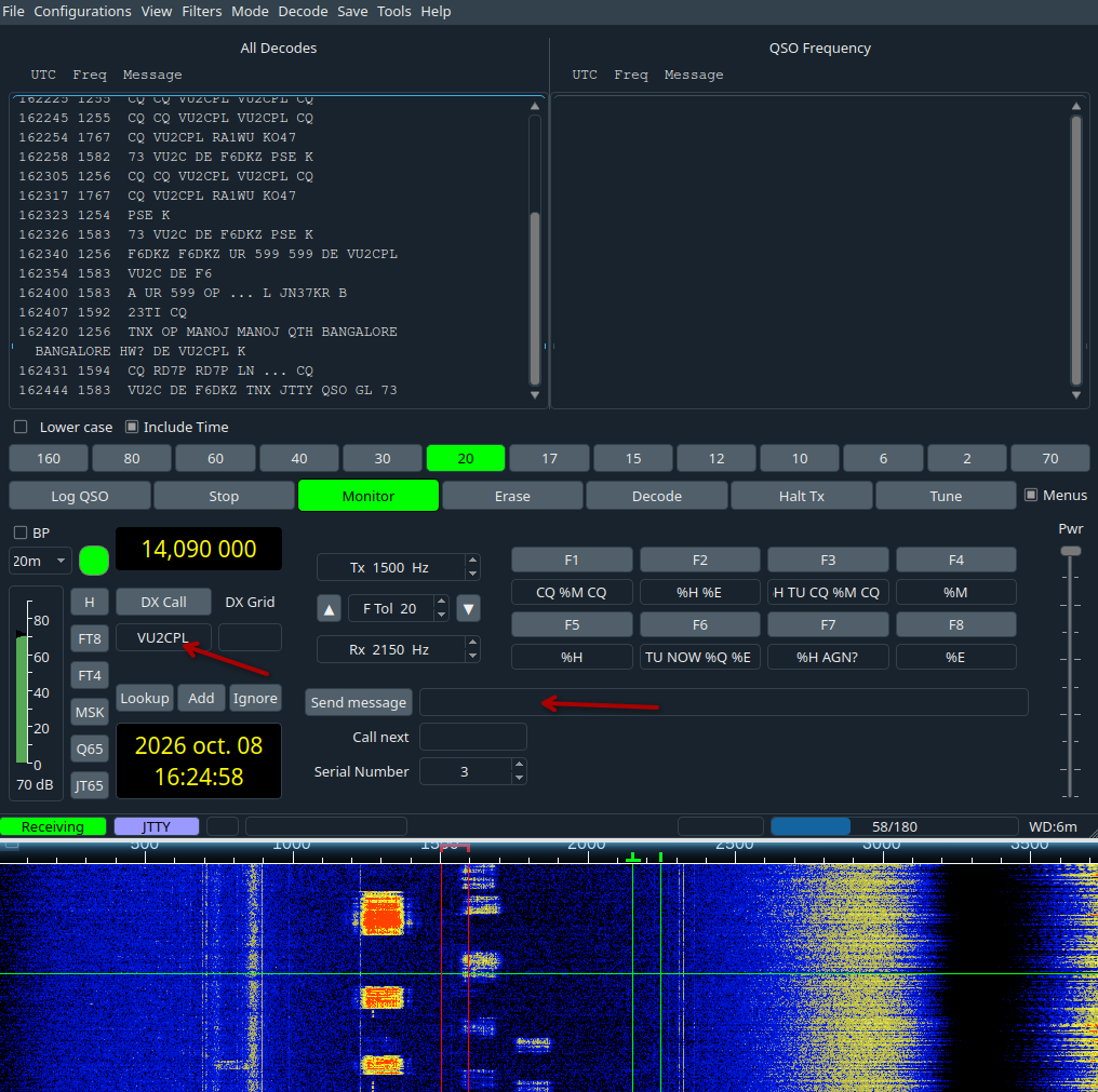 JTTY : le nouveau mode de WSJT-X 3.2 expliqué 3 Fenêtre principale de WSJT-X en JTTY avec un QSO décodé, DX Call rempli et le champ de saisie du message