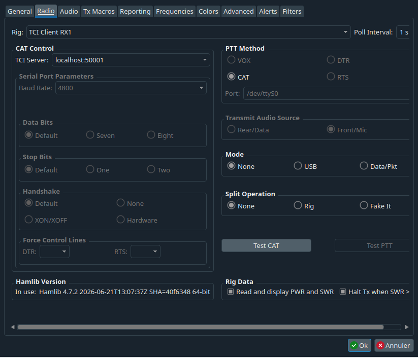 JTTY : le nouveau mode de WSJT-X 3.2 expliqué 4 Onglet Radio de WSJT-X avec TCI Client RX1, serveur localhost:50001 et PTT CAT